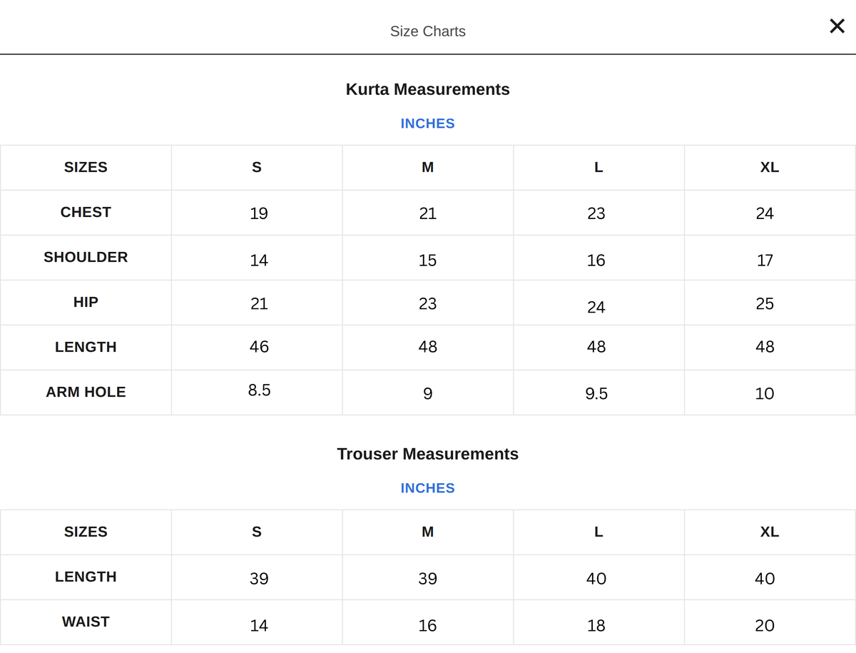 Mirakk Size Chart