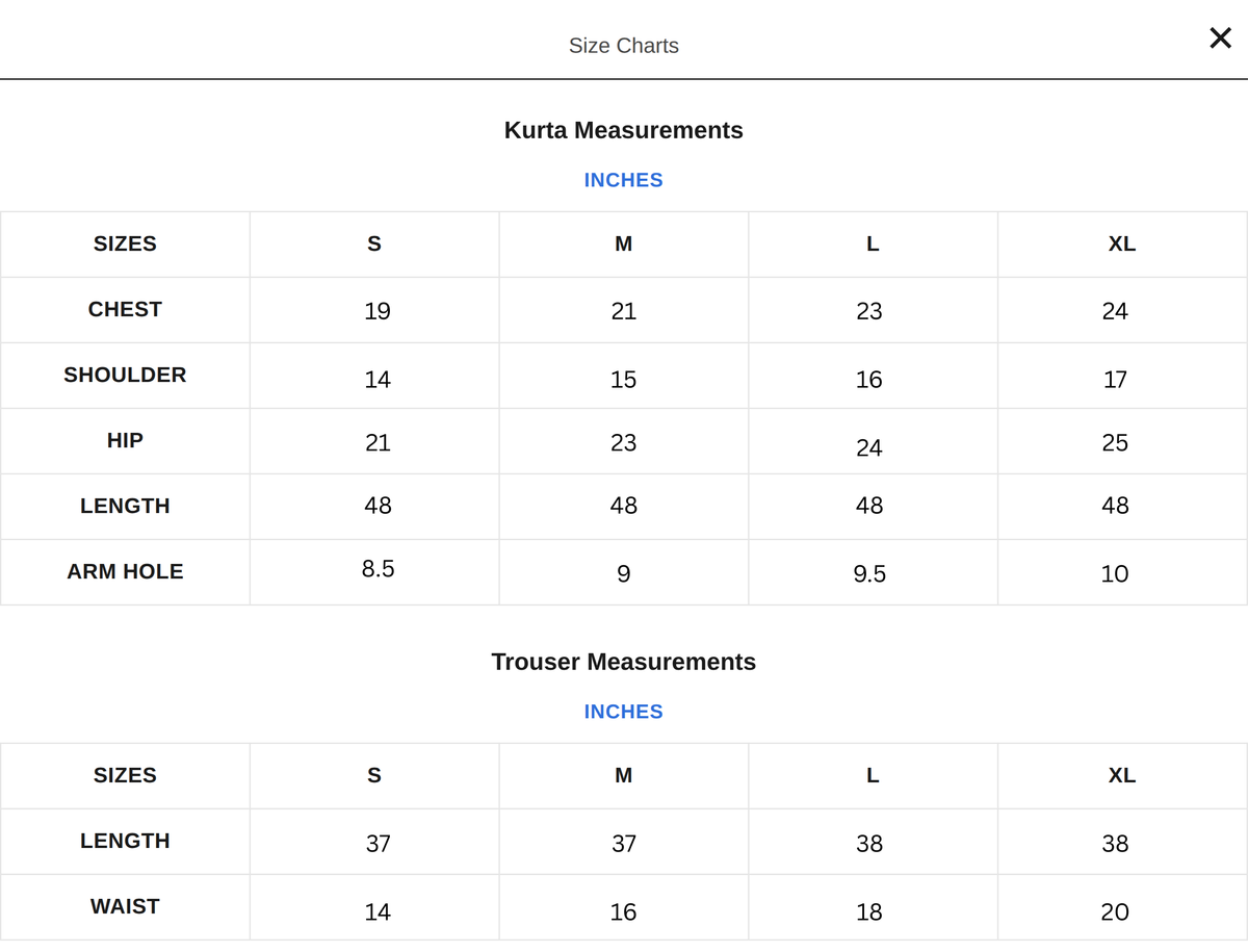 Mirakk Size Chart