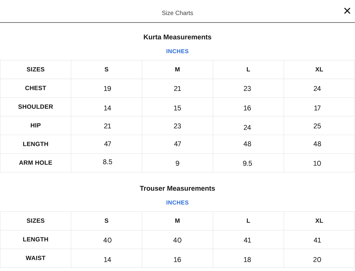 Mirakk Size Chart